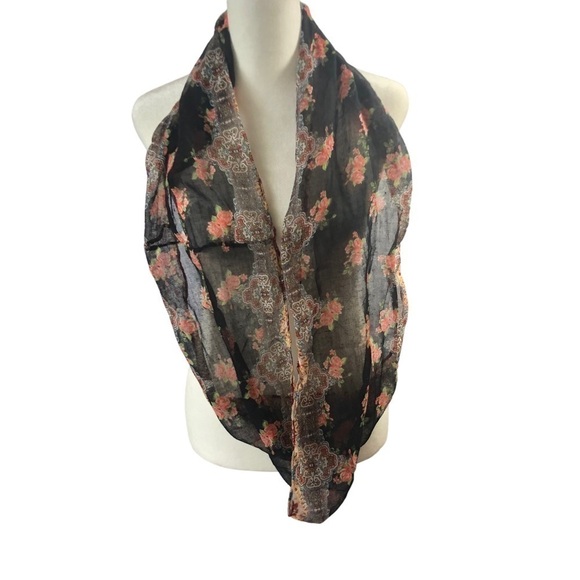 Neon Soul Infinity Scarf Black with Red Roses and Geometric Border 58"Round - Picture 1 of 3